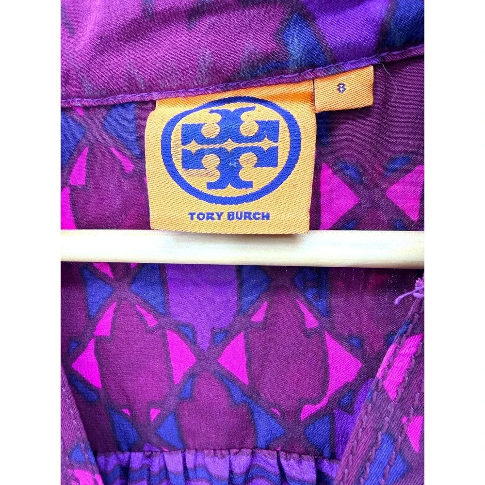 Tory Burch Purple Silk Ruffle Tunic Blouse Geometric Print‎ 3/4 Sleeve Size 8